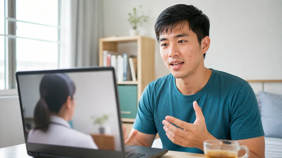 Young Singapore adult showing mild facial acne to an online doctor during a video consultation