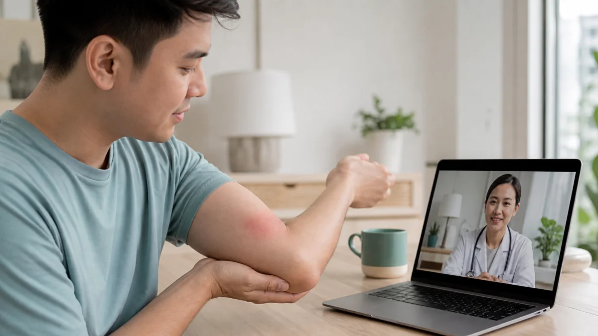 Singapore patient showing a mild eczema flare on his arm to an online doctor by video
