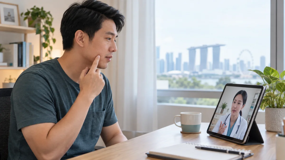 Singapore man discussing a mouth sore with an online doctor by tablet video