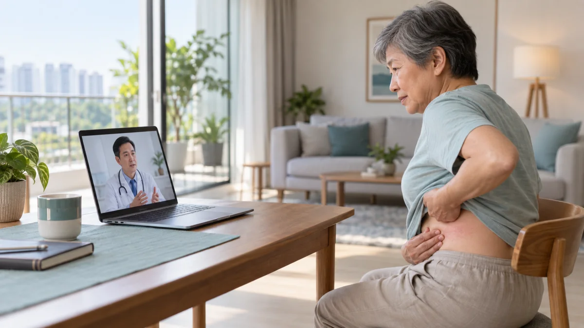 Older Singapore adult showing a one-sided torso rash area to an online doctor by video