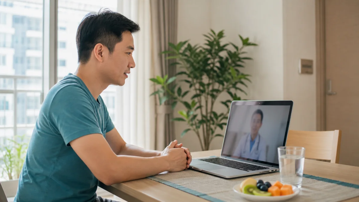 Singapore adult discussing mild constipation with a doctor through a teleconsult