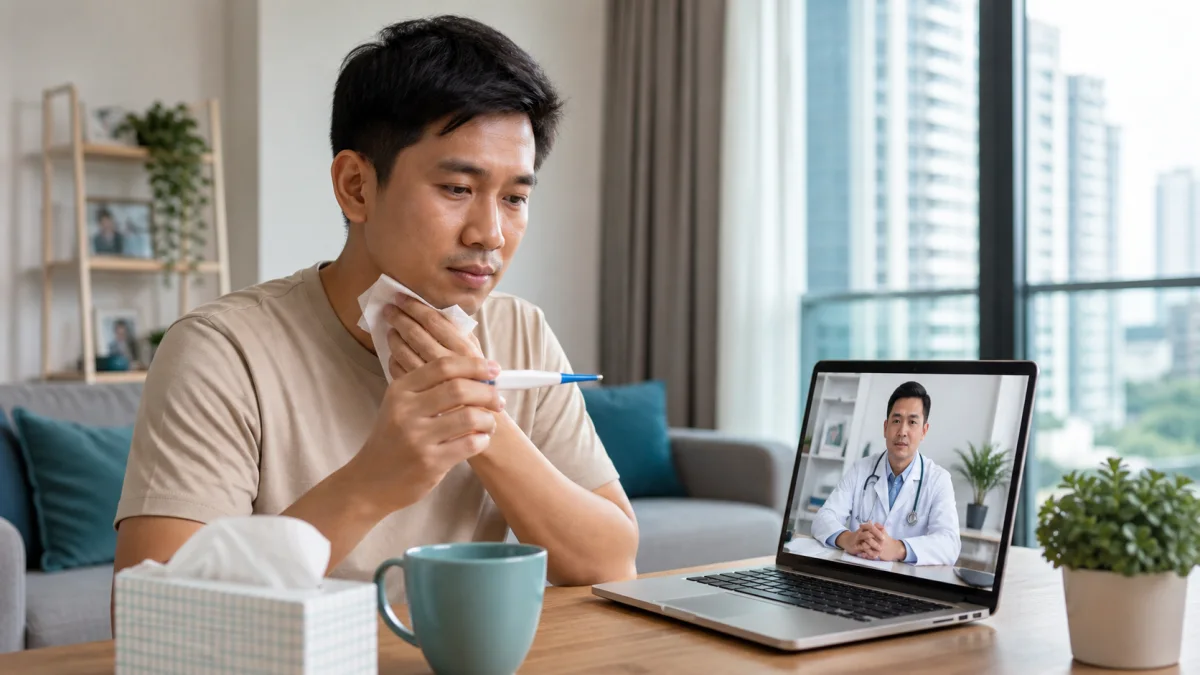 Singapore patient checking his temperature while speaking to an online doctor by video