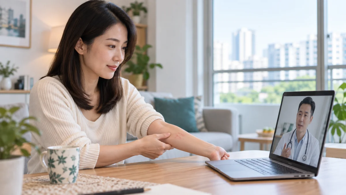 Singapore woman showing mild hives on her forearm during a video teleconsult