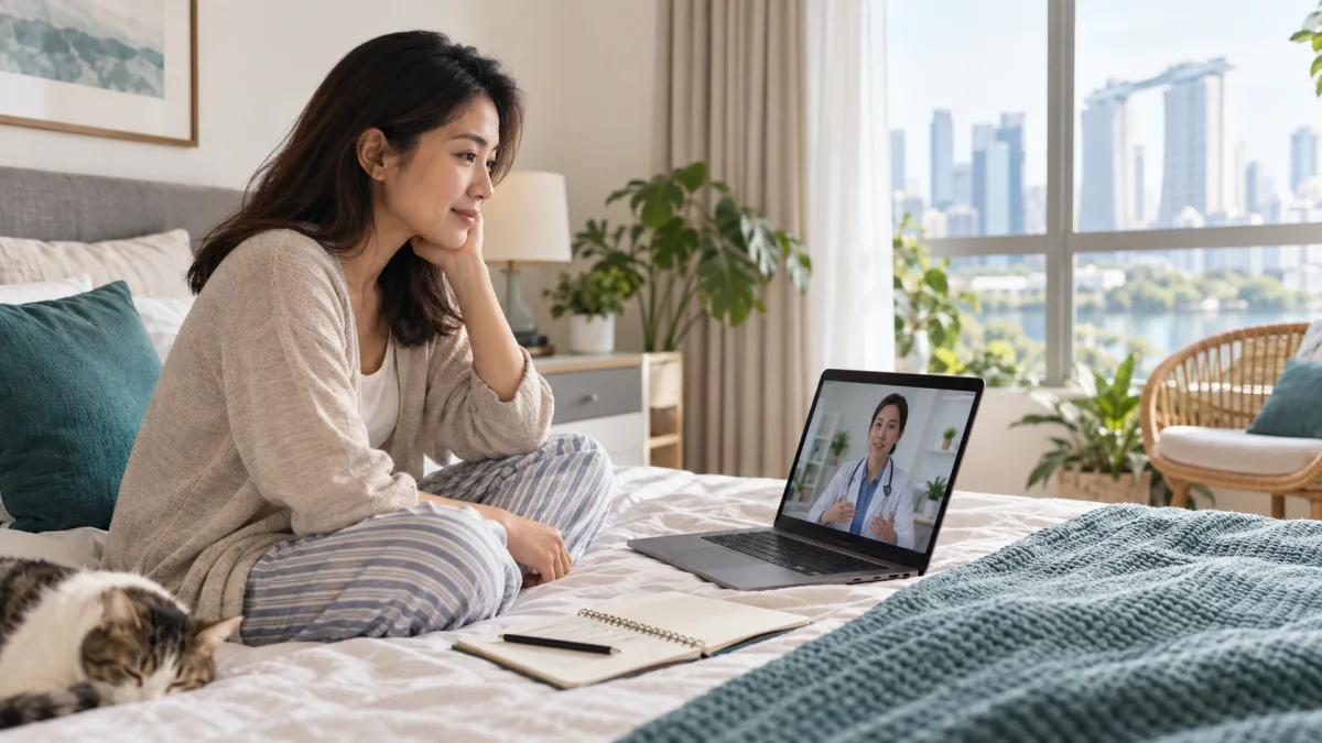 Singapore woman discussing sleep difficulty by video with a doctor while keeping a sleep diary