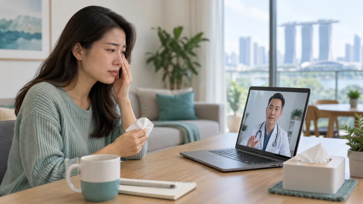 Singapore woman discussing sinus pressure with an online doctor while holding a tissue