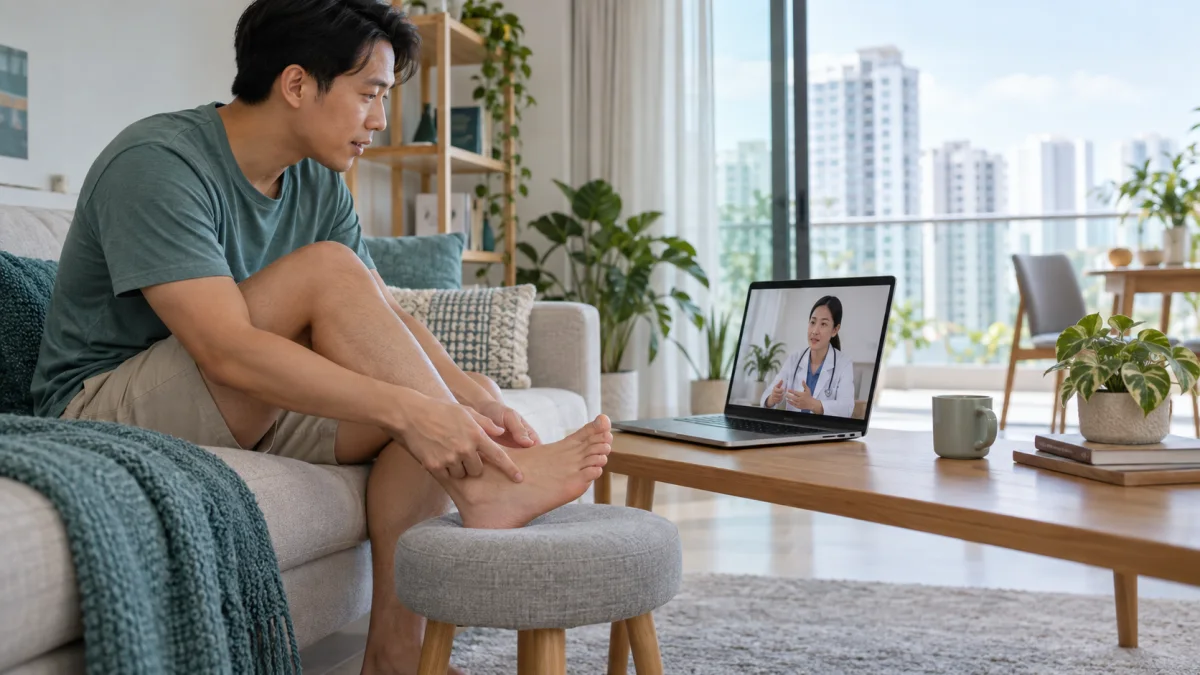Singapore man showing mild foot itch to a doctor during teleconsultation