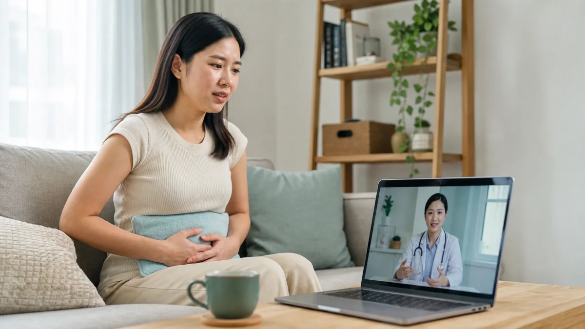 Singapore woman using a warm compress while discussing menstrual cramps by teleconsultation
