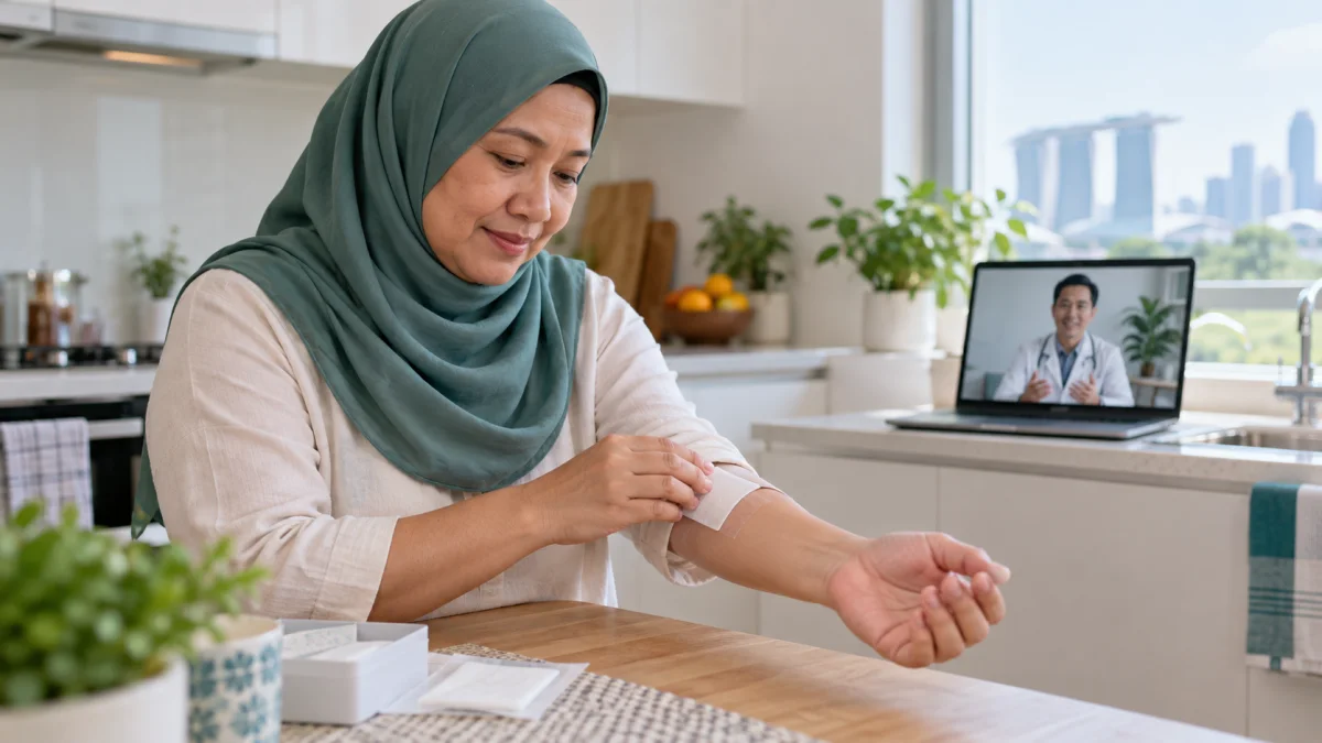Singapore woman applying a clean dressing after cooling a small kitchen burn before teleconsultation
