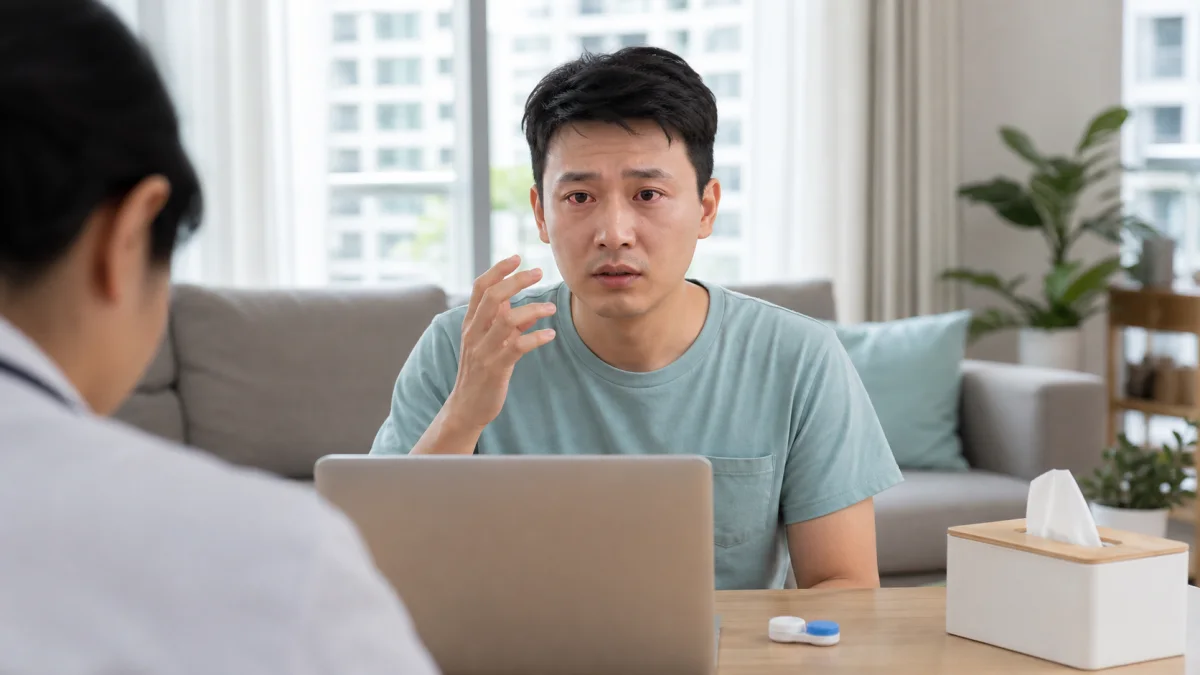 Singapore adult showing a mildly red watery eye during a teleconsultation