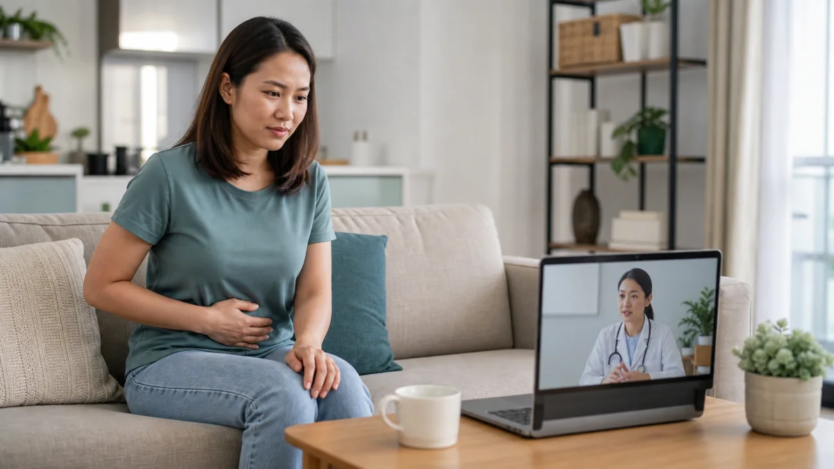 Singapore woman discussing mild lower abdominal discomfort with a doctor by teleconsultation