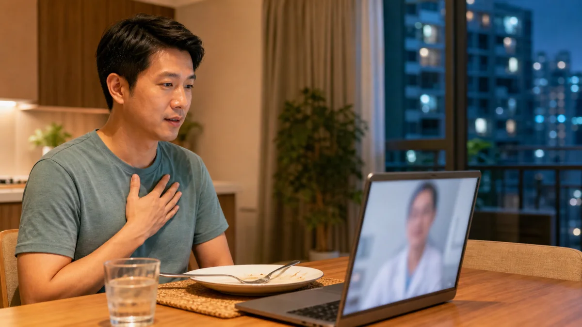 Singapore adult discussing familiar mild heartburn with a doctor through telemedicine after a meal
