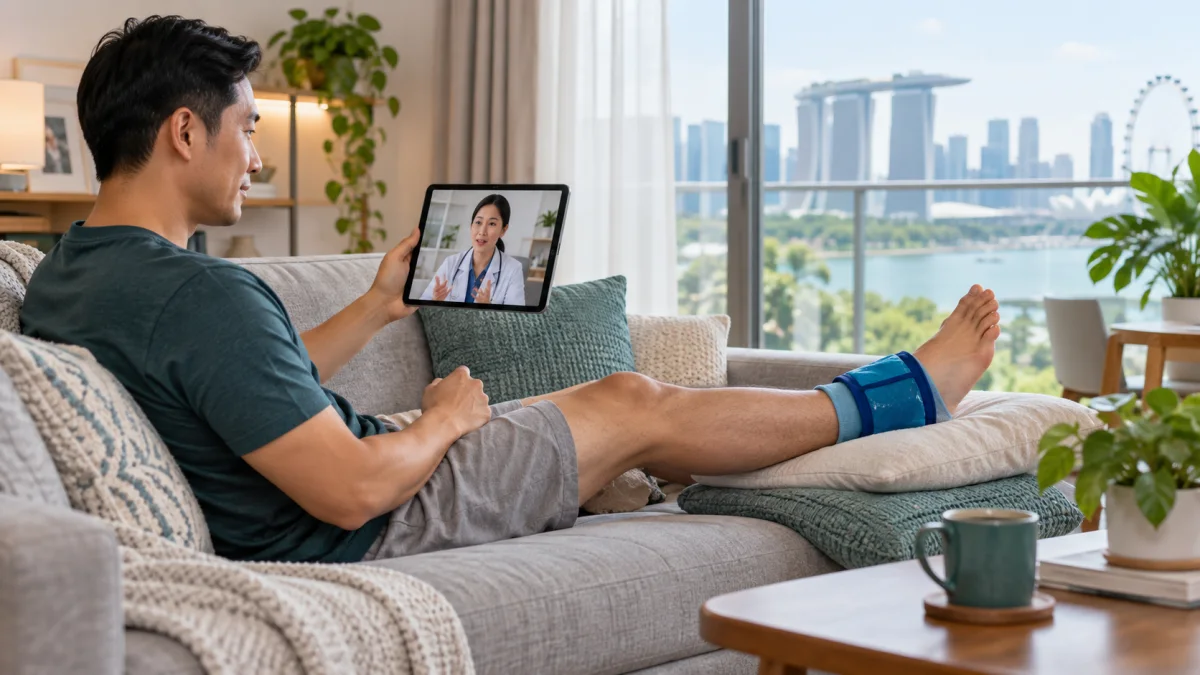 Singapore man elevating a mildly swollen ankle while speaking to a doctor by video