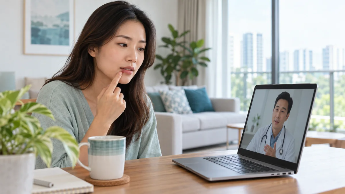 Singapore woman pointing to a small lip sore during a telemedicine consultation