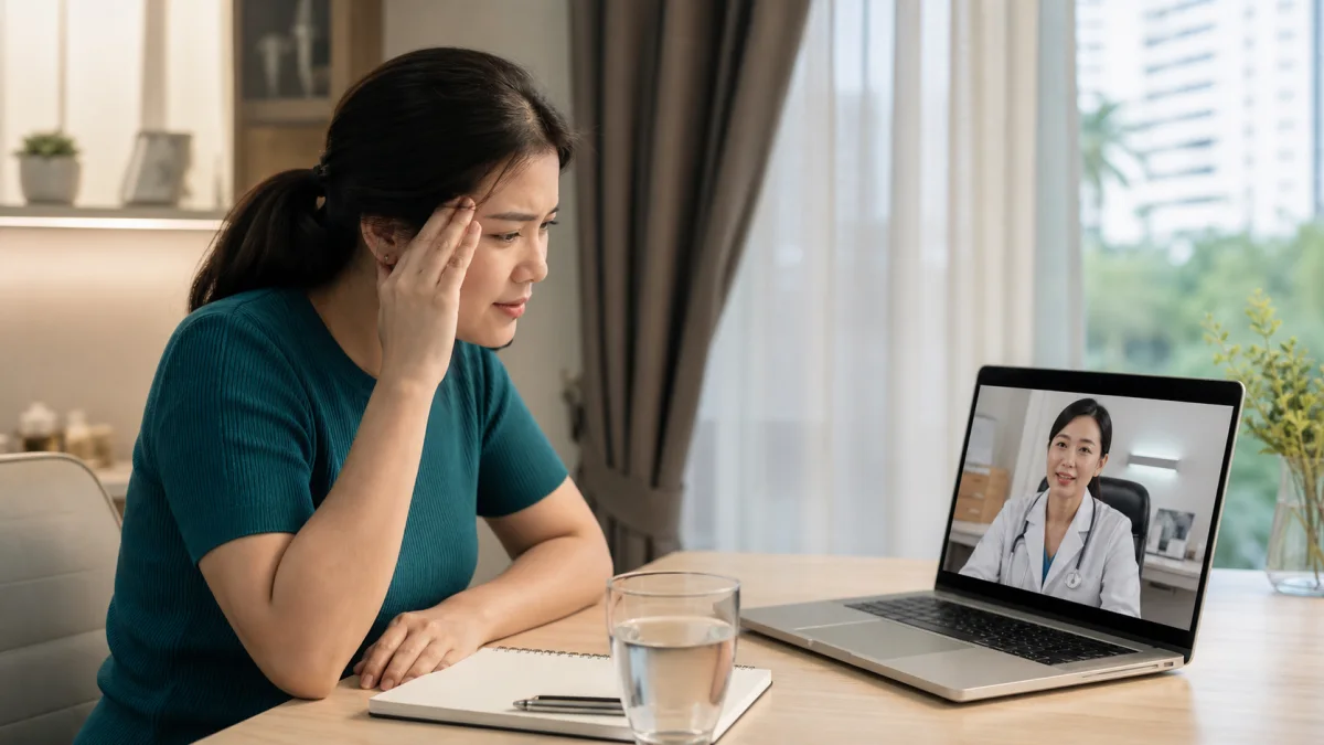 Singapore patient with a headache speaking to a doctor through a telemedicine video call