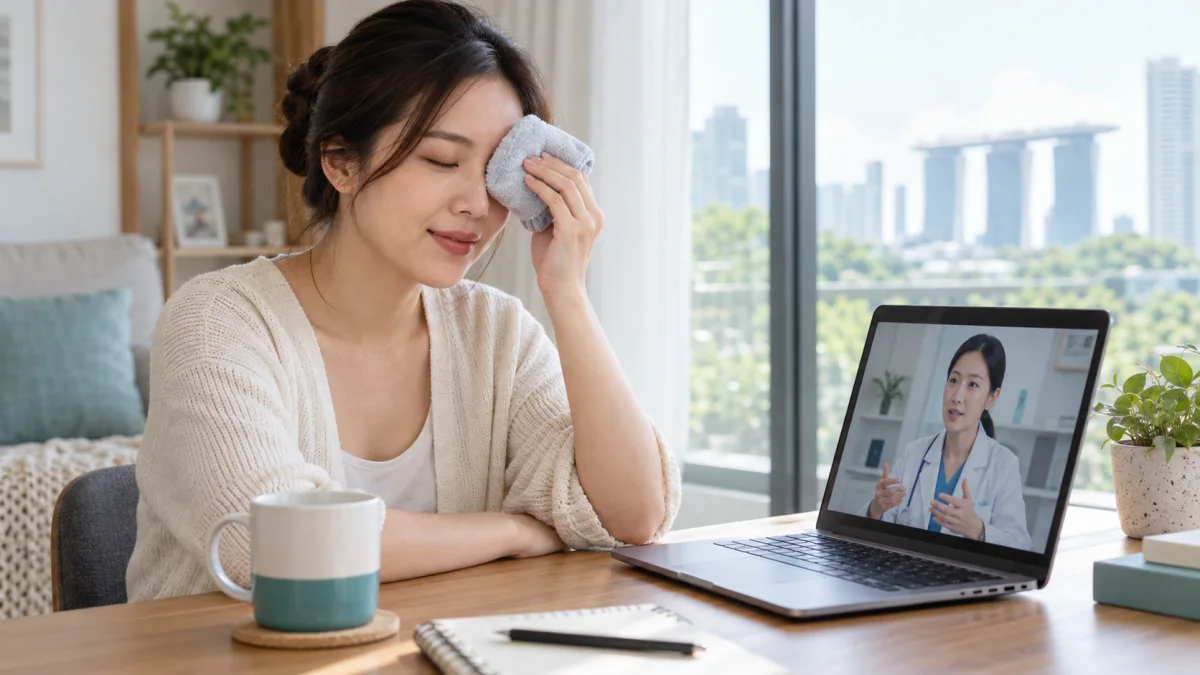 Singapore woman using a clean warm compress over a closed eyelid during a doctor video consultation